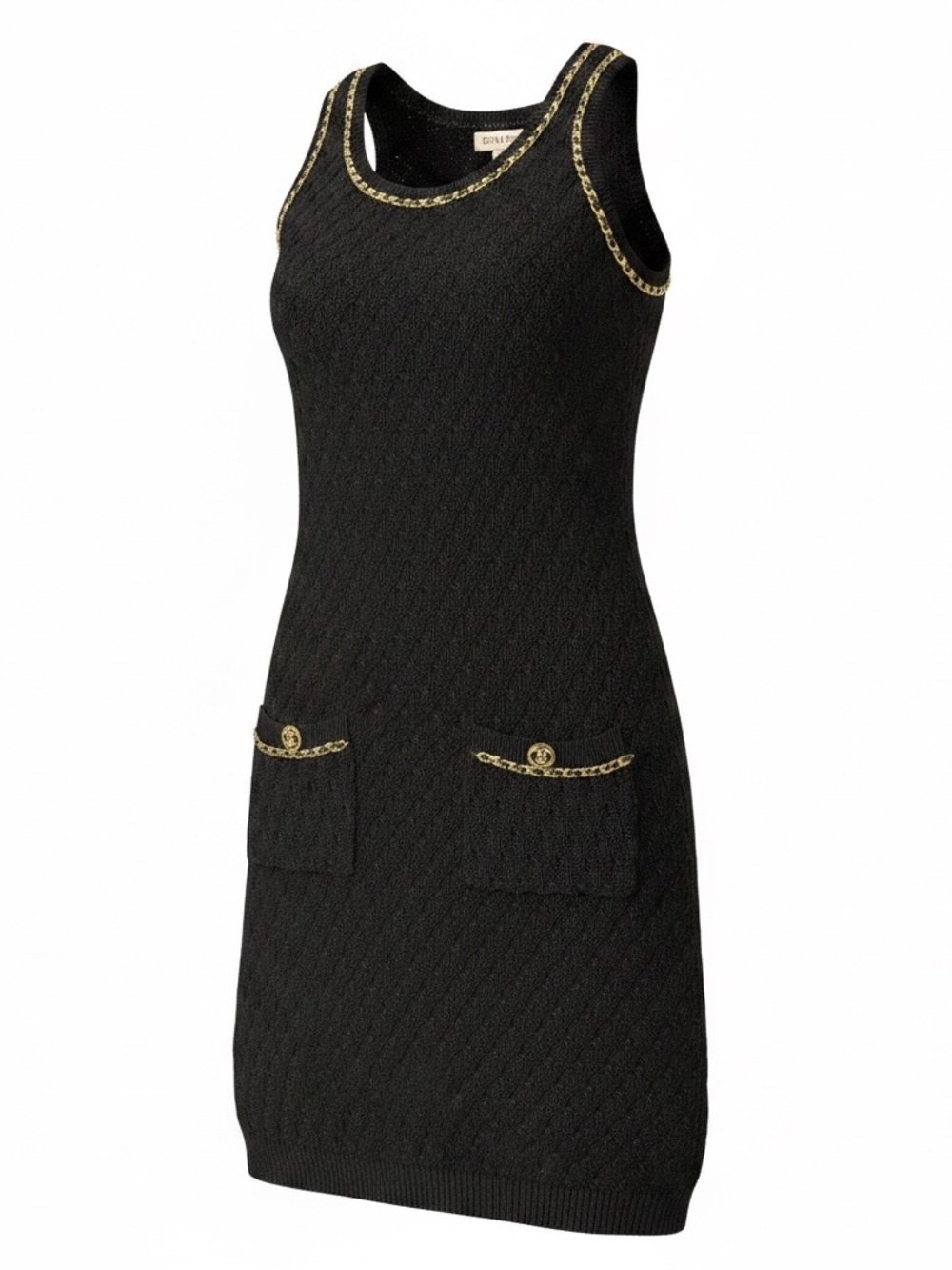 CHANEL Black Knit Mini Dress with Gold Chain Trim